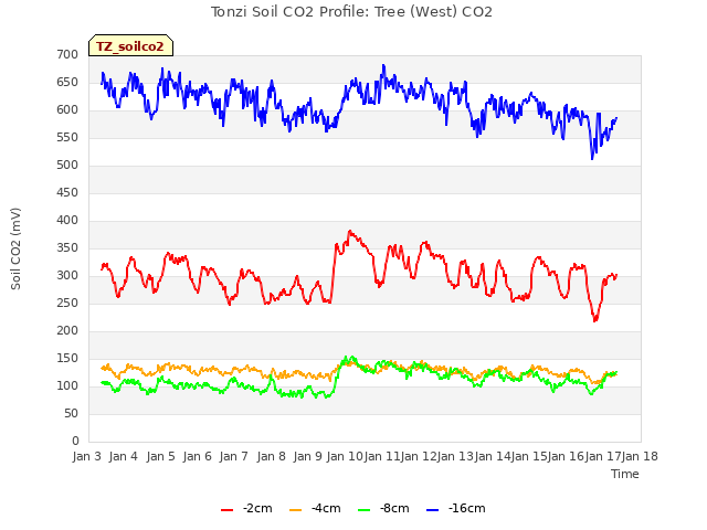 plot of Tonzi Soil CO2 Profile: Tree (West) CO2