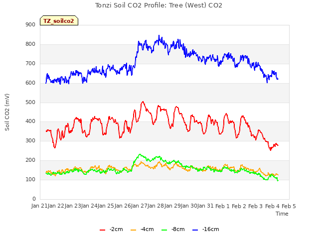 plot of Tonzi Soil CO2 Profile: Tree (West) CO2