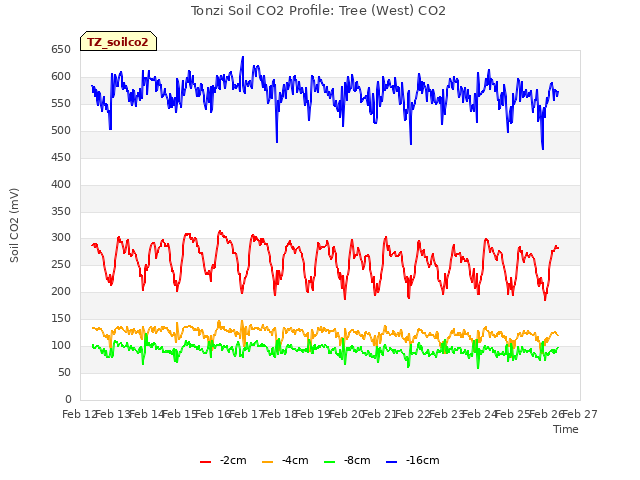 plot of Tonzi Soil CO2 Profile: Tree (West) CO2