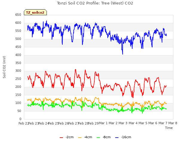 plot of Tonzi Soil CO2 Profile: Tree (West) CO2