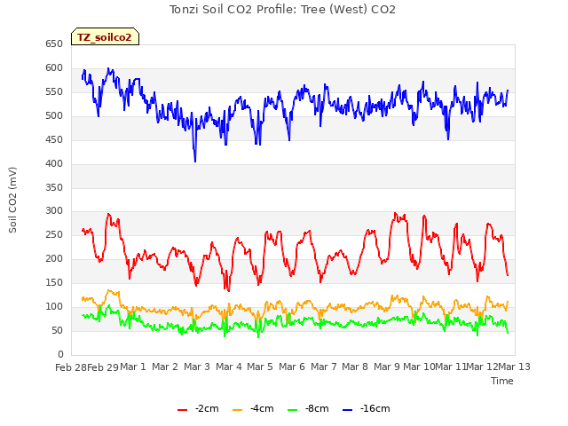 plot of Tonzi Soil CO2 Profile: Tree (West) CO2