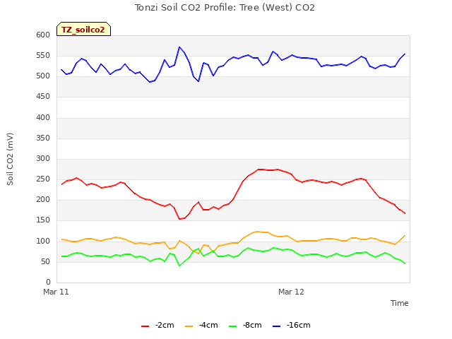 plot of Tonzi Soil CO2 Profile: Tree (West) CO2