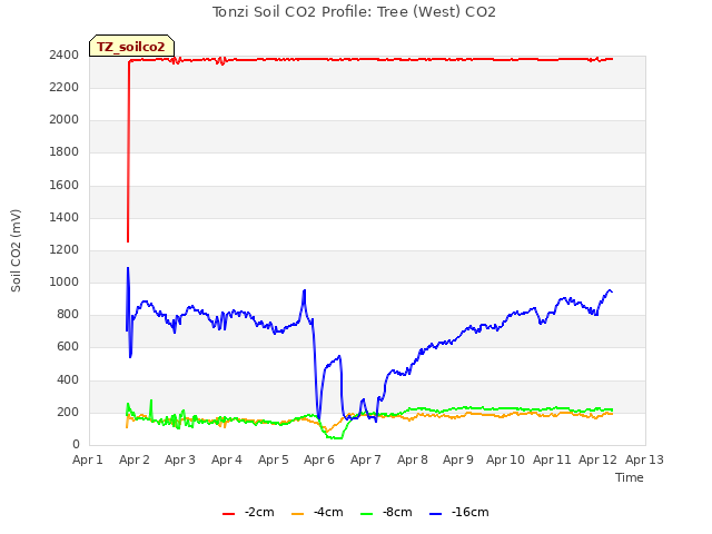 plot of Tonzi Soil CO2 Profile: Tree (West) CO2