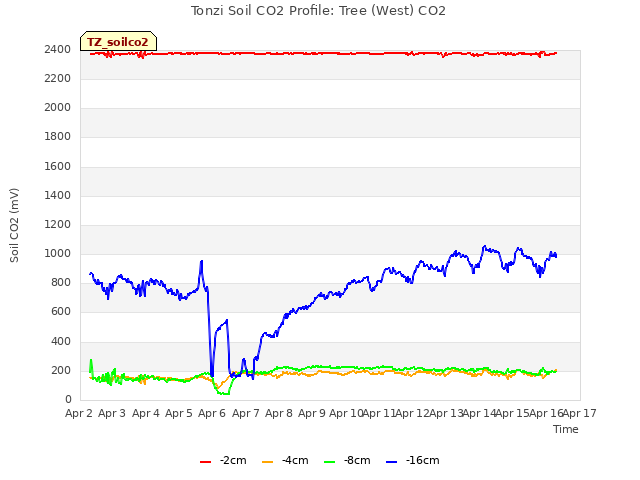 plot of Tonzi Soil CO2 Profile: Tree (West) CO2