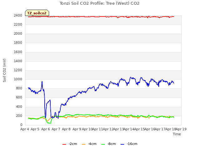 plot of Tonzi Soil CO2 Profile: Tree (West) CO2