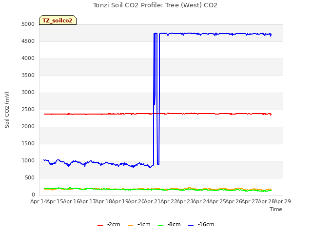 plot of Tonzi Soil CO2 Profile: Tree (West) CO2