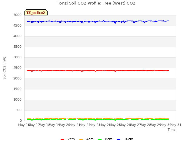 plot of Tonzi Soil CO2 Profile: Tree (West) CO2