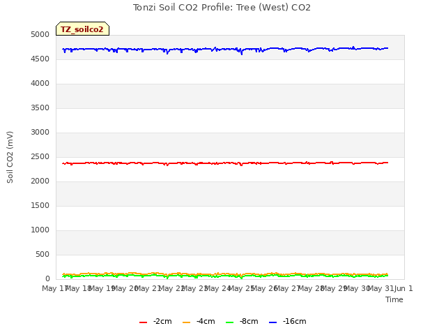 plot of Tonzi Soil CO2 Profile: Tree (West) CO2