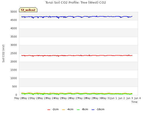 plot of Tonzi Soil CO2 Profile: Tree (West) CO2