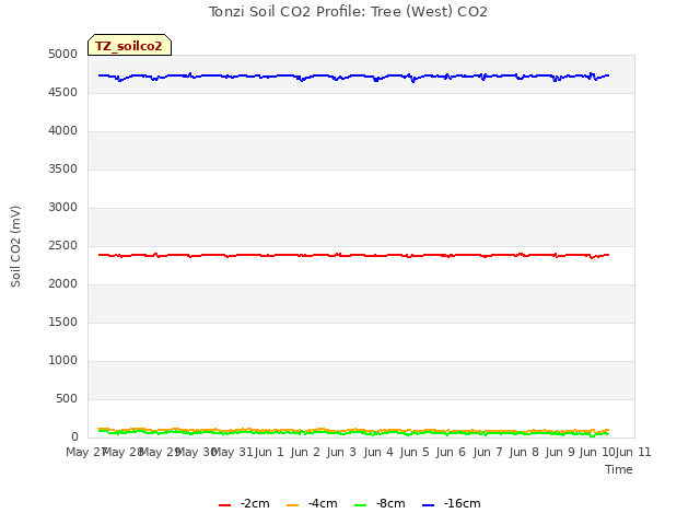 plot of Tonzi Soil CO2 Profile: Tree (West) CO2