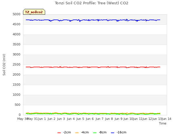 plot of Tonzi Soil CO2 Profile: Tree (West) CO2