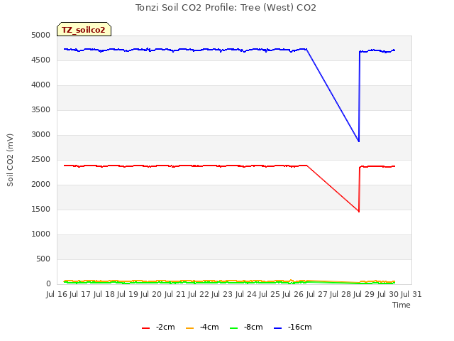 plot of Tonzi Soil CO2 Profile: Tree (West) CO2