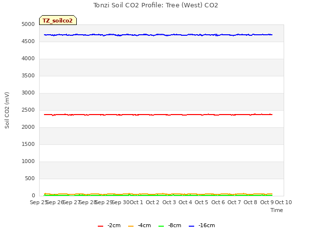 plot of Tonzi Soil CO2 Profile: Tree (West) CO2