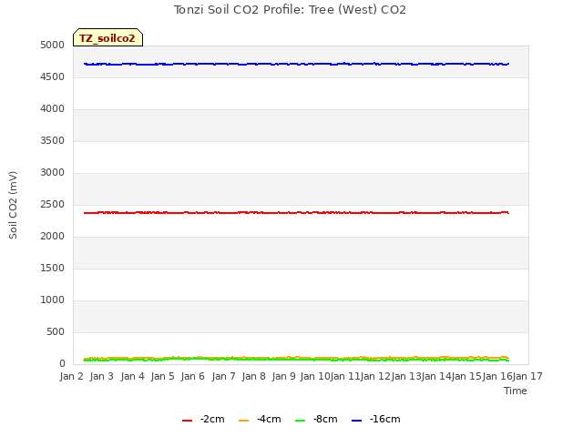 plot of Tonzi Soil CO2 Profile: Tree (West) CO2