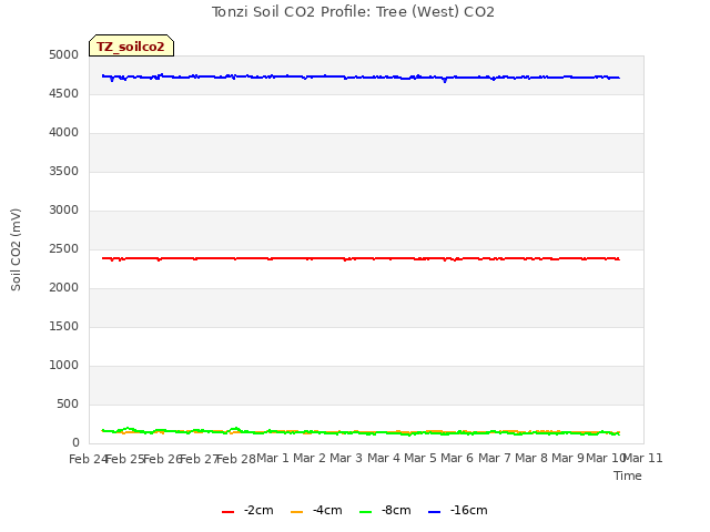 plot of Tonzi Soil CO2 Profile: Tree (West) CO2