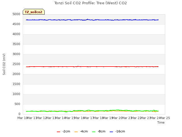 plot of Tonzi Soil CO2 Profile: Tree (West) CO2