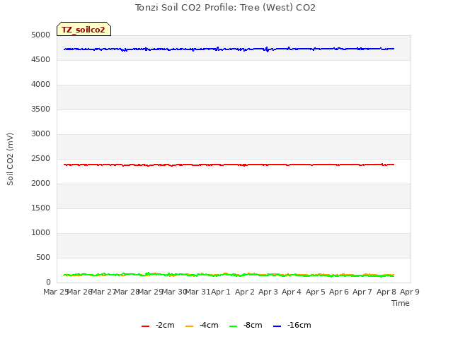 plot of Tonzi Soil CO2 Profile: Tree (West) CO2