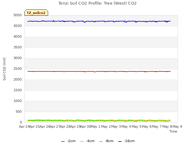 plot of Tonzi Soil CO2 Profile: Tree (West) CO2