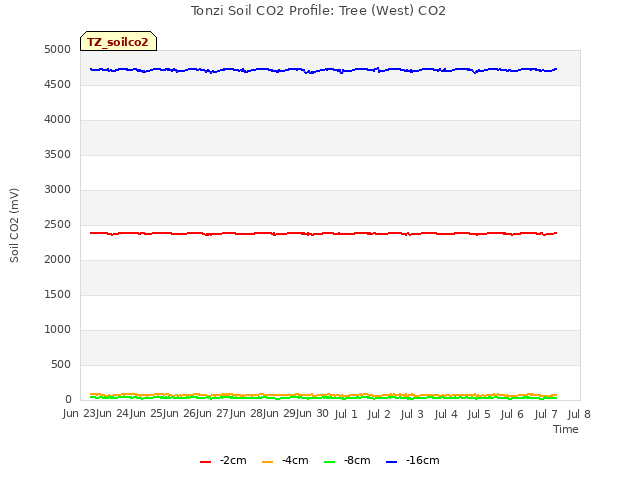 plot of Tonzi Soil CO2 Profile: Tree (West) CO2