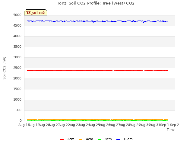 plot of Tonzi Soil CO2 Profile: Tree (West) CO2