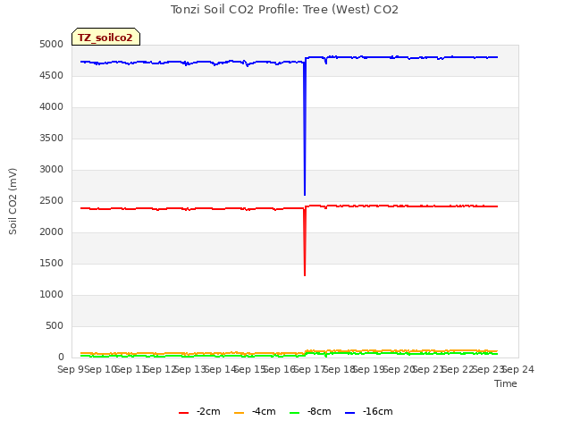 plot of Tonzi Soil CO2 Profile: Tree (West) CO2