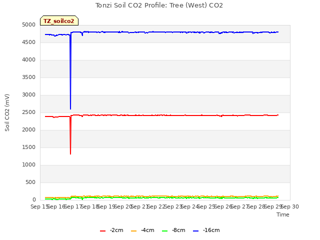 plot of Tonzi Soil CO2 Profile: Tree (West) CO2