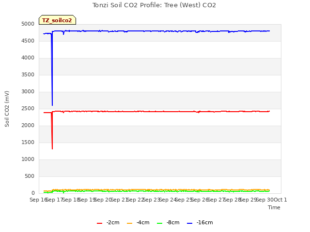 plot of Tonzi Soil CO2 Profile: Tree (West) CO2