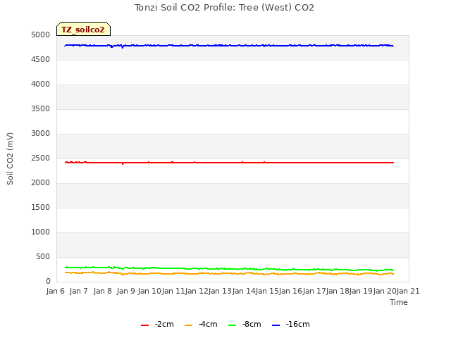 plot of Tonzi Soil CO2 Profile: Tree (West) CO2