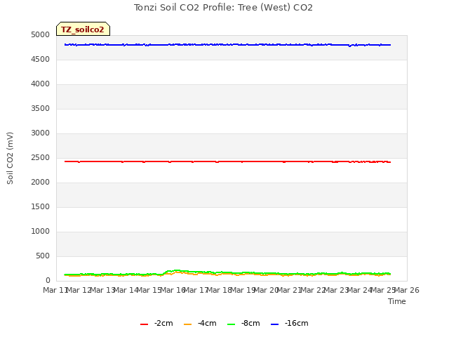 plot of Tonzi Soil CO2 Profile: Tree (West) CO2