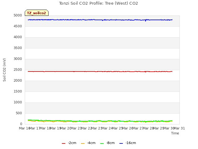 plot of Tonzi Soil CO2 Profile: Tree (West) CO2