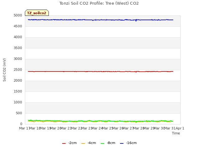 plot of Tonzi Soil CO2 Profile: Tree (West) CO2