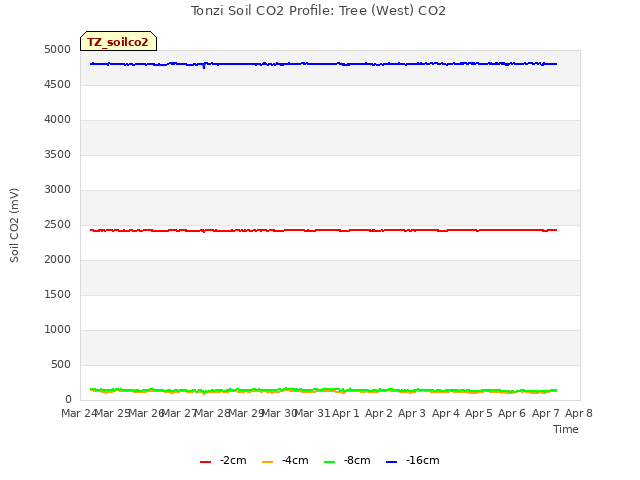 plot of Tonzi Soil CO2 Profile: Tree (West) CO2