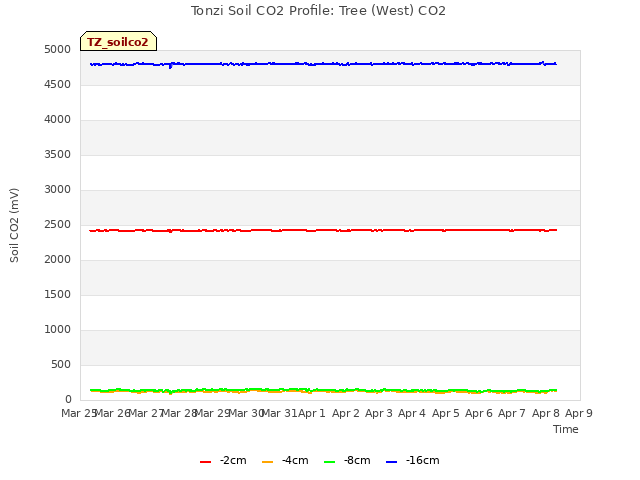 plot of Tonzi Soil CO2 Profile: Tree (West) CO2