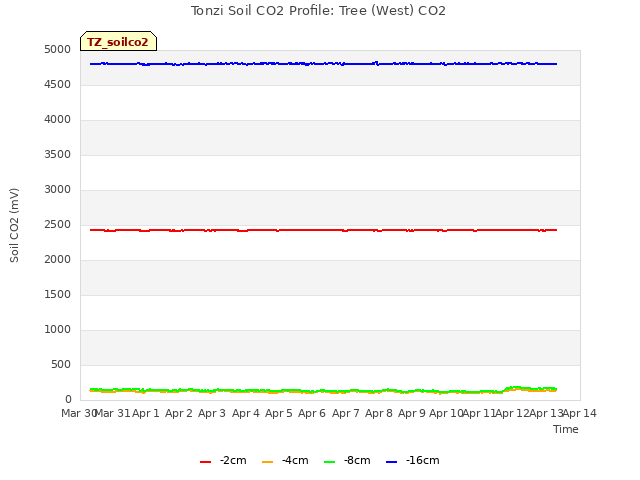 plot of Tonzi Soil CO2 Profile: Tree (West) CO2