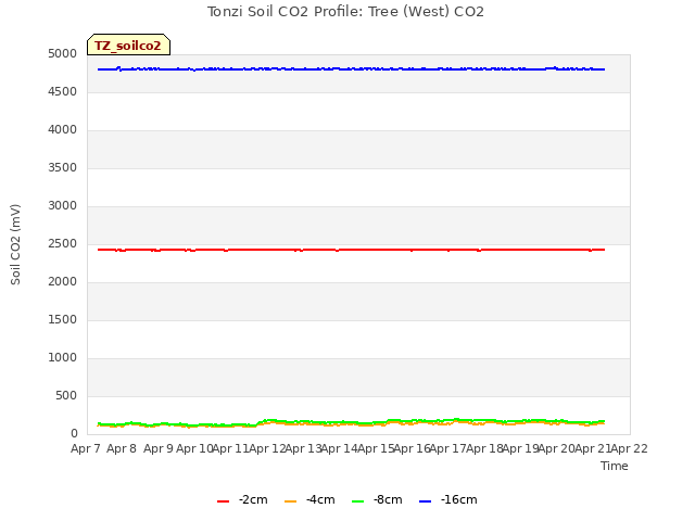 plot of Tonzi Soil CO2 Profile: Tree (West) CO2