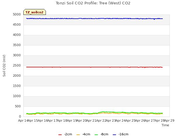 plot of Tonzi Soil CO2 Profile: Tree (West) CO2