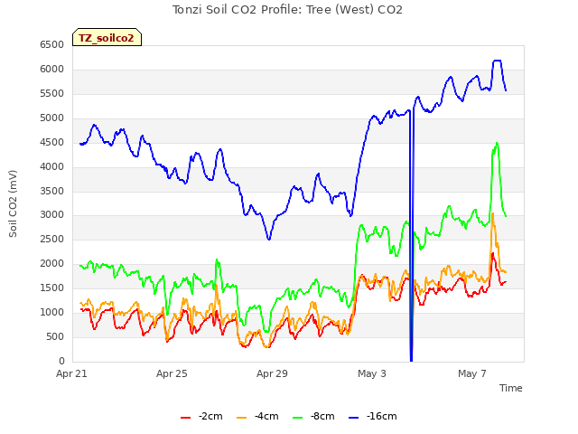 Explore the graph:Tonzi Soil CO2 Profile: Tree (West) CO2 in a new window