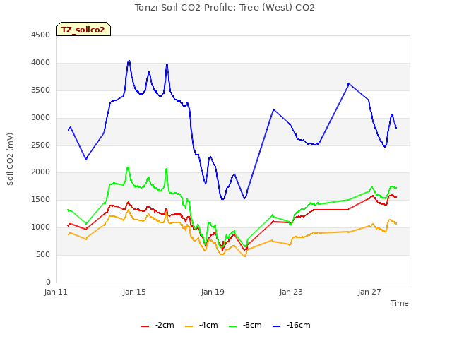 Explore the graph:Tonzi Soil CO2 Profile: Tree (West) CO2 in a new window
