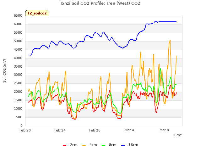 Explore the graph:Tonzi Soil CO2 Profile: Tree (West) CO2 in a new window