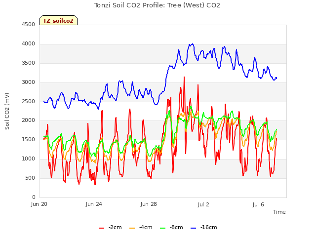 Explore the graph:Tonzi Soil CO2 Profile: Tree (West) CO2 in a new window