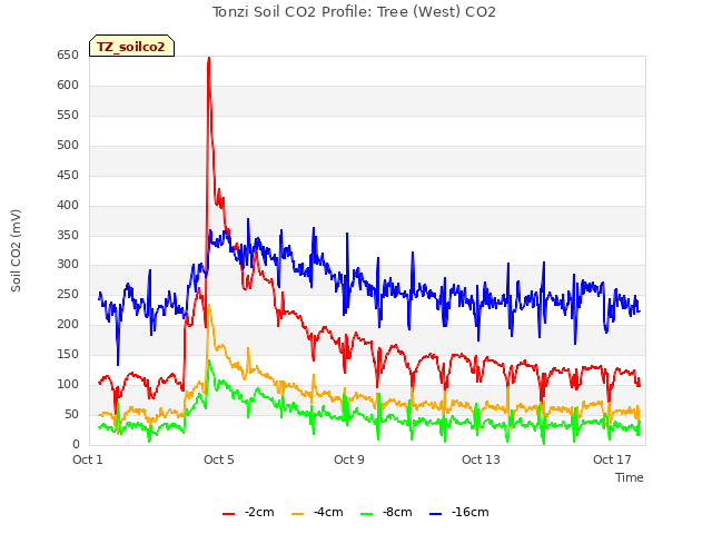 Explore the graph:Tonzi Soil CO2 Profile: Tree (West) CO2 in a new window