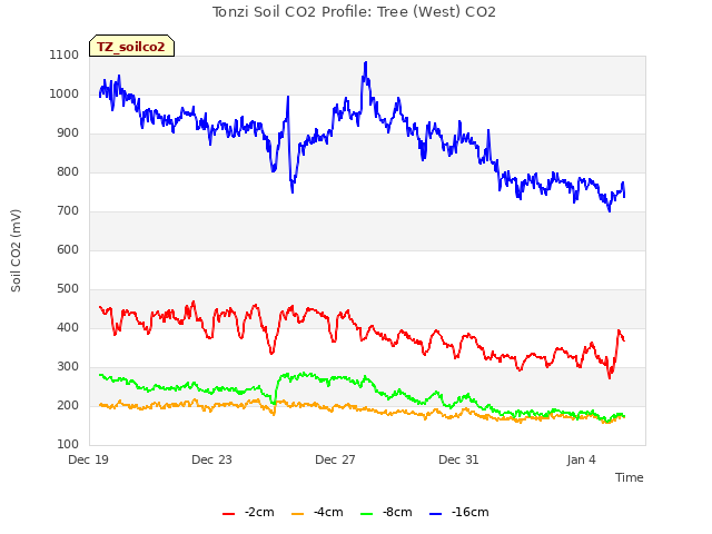 Explore the graph:Tonzi Soil CO2 Profile: Tree (West) CO2 in a new window