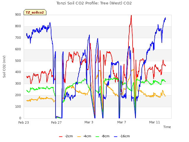 Explore the graph:Tonzi Soil CO2 Profile: Tree (West) CO2 in a new window