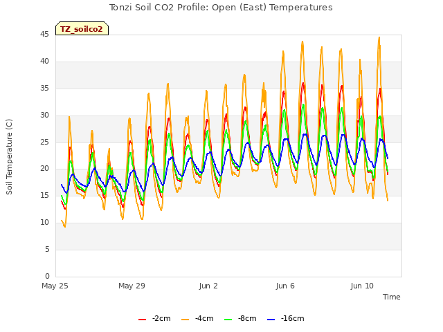 Explore the graph:Tonzi Soil CO2 Profile: Open (East) Temperatures in a new window