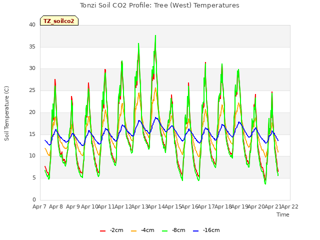 plot of Tonzi Soil CO2 Profile: Tree (West) Temperatures