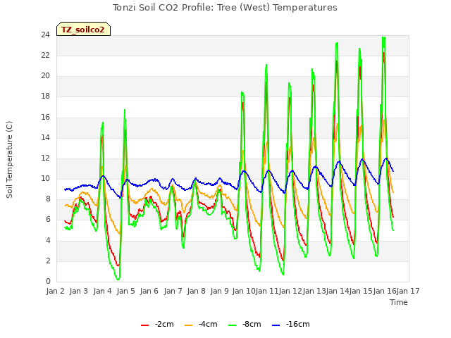 plot of Tonzi Soil CO2 Profile: Tree (West) Temperatures