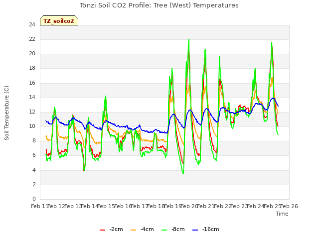 plot of Tonzi Soil CO2 Profile: Tree (West) Temperatures