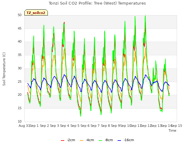 plot of Tonzi Soil CO2 Profile: Tree (West) Temperatures