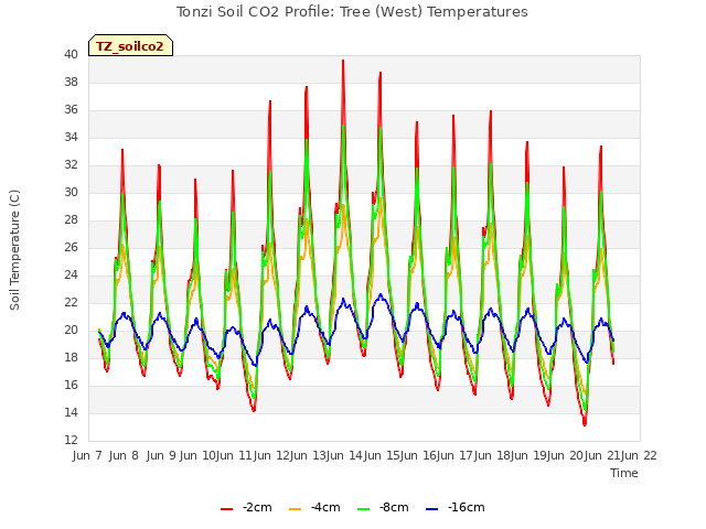 plot of Tonzi Soil CO2 Profile: Tree (West) Temperatures