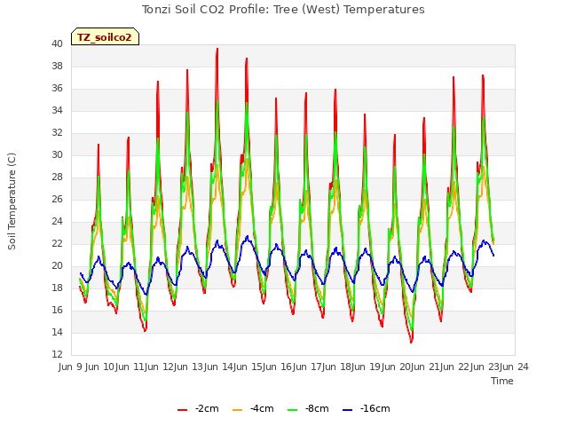 plot of Tonzi Soil CO2 Profile: Tree (West) Temperatures